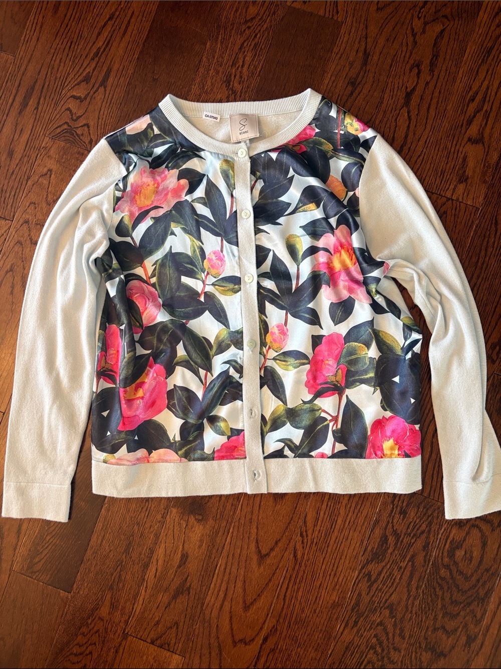 blue Cardigan with Pink Floral Front Panel